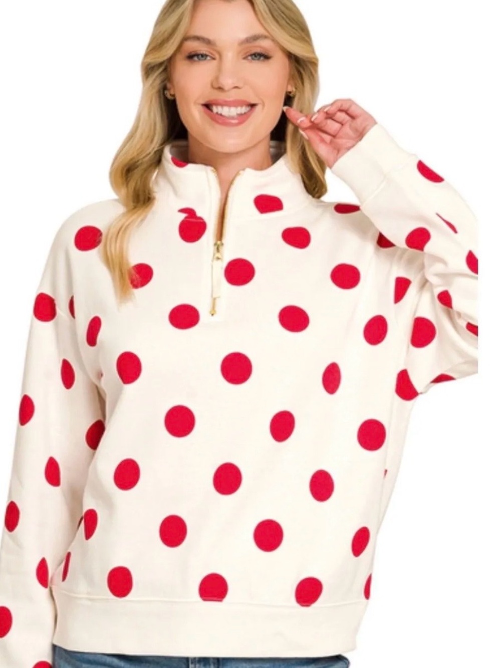 Zenana Viral Polka Dot Halfzip Pullover with Red Polka Dots